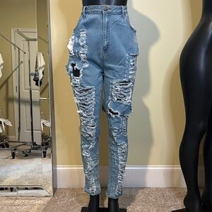Distressed Blue High-Waisted Women Jeans